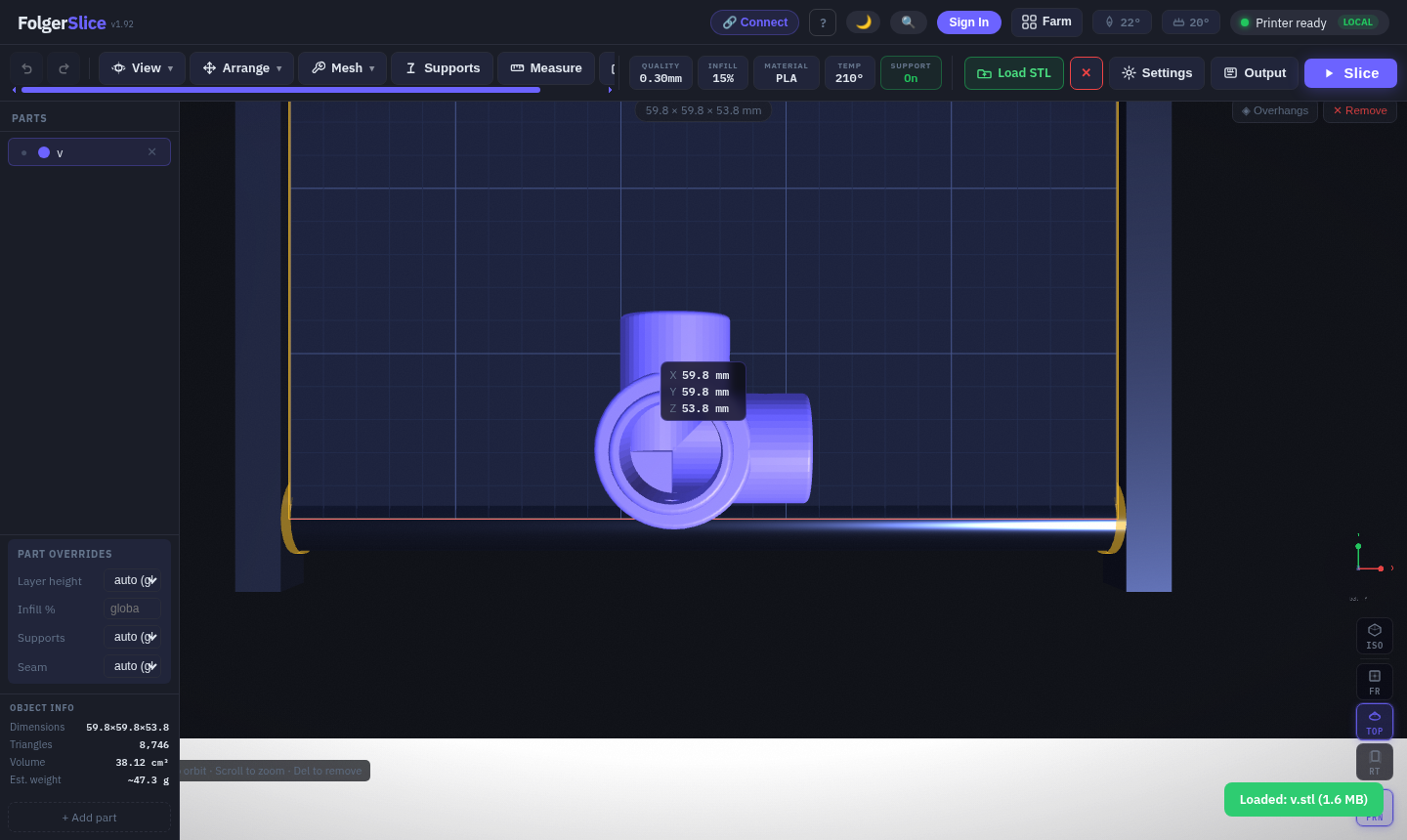 FolgerSlice — isometric 3D view with model and belt boundary